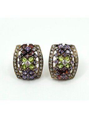 Vintage Seta 925 Silver Multicolor Crystal Omega Back Earrings With Gold-Tone